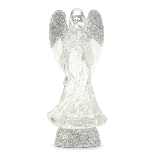 13" Lighted Angel with Silver Swirling Glitter Water Globe