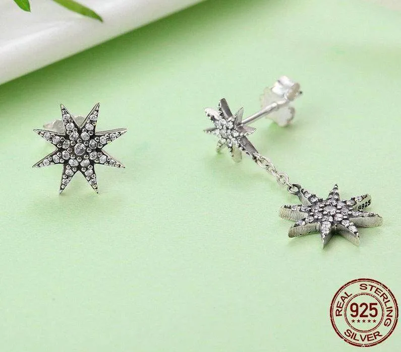 925 Sterling Silver Sparkling Star Asymmetrical Drop Earrings