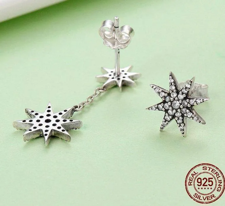 925 Sterling Silver Sparkling Star Asymmetrical Drop Earrings