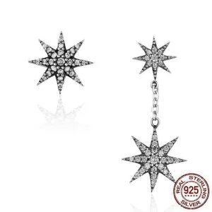 925 Sterling Silver Sparkling Star Asymmetrical Drop Earrings