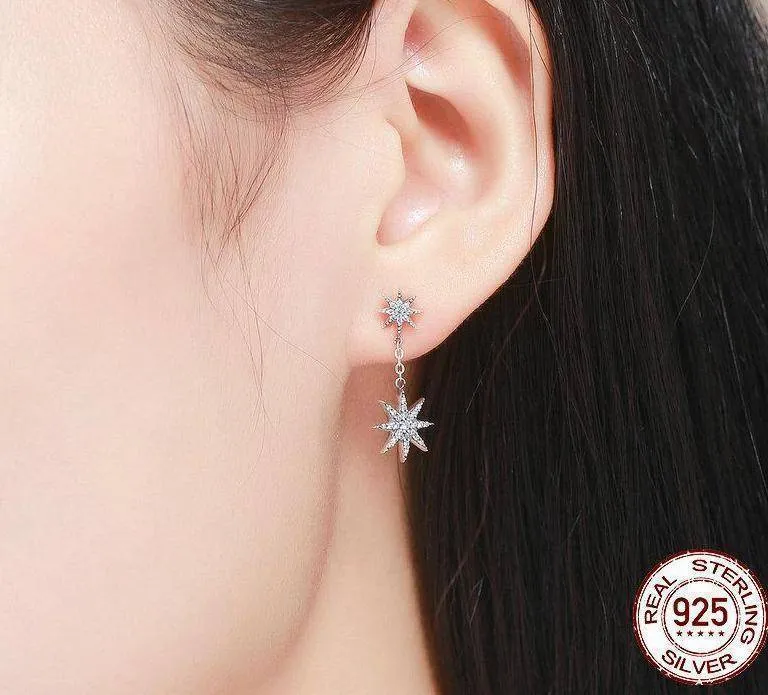 925 Sterling Silver Sparkling Star Asymmetrical Drop Earrings