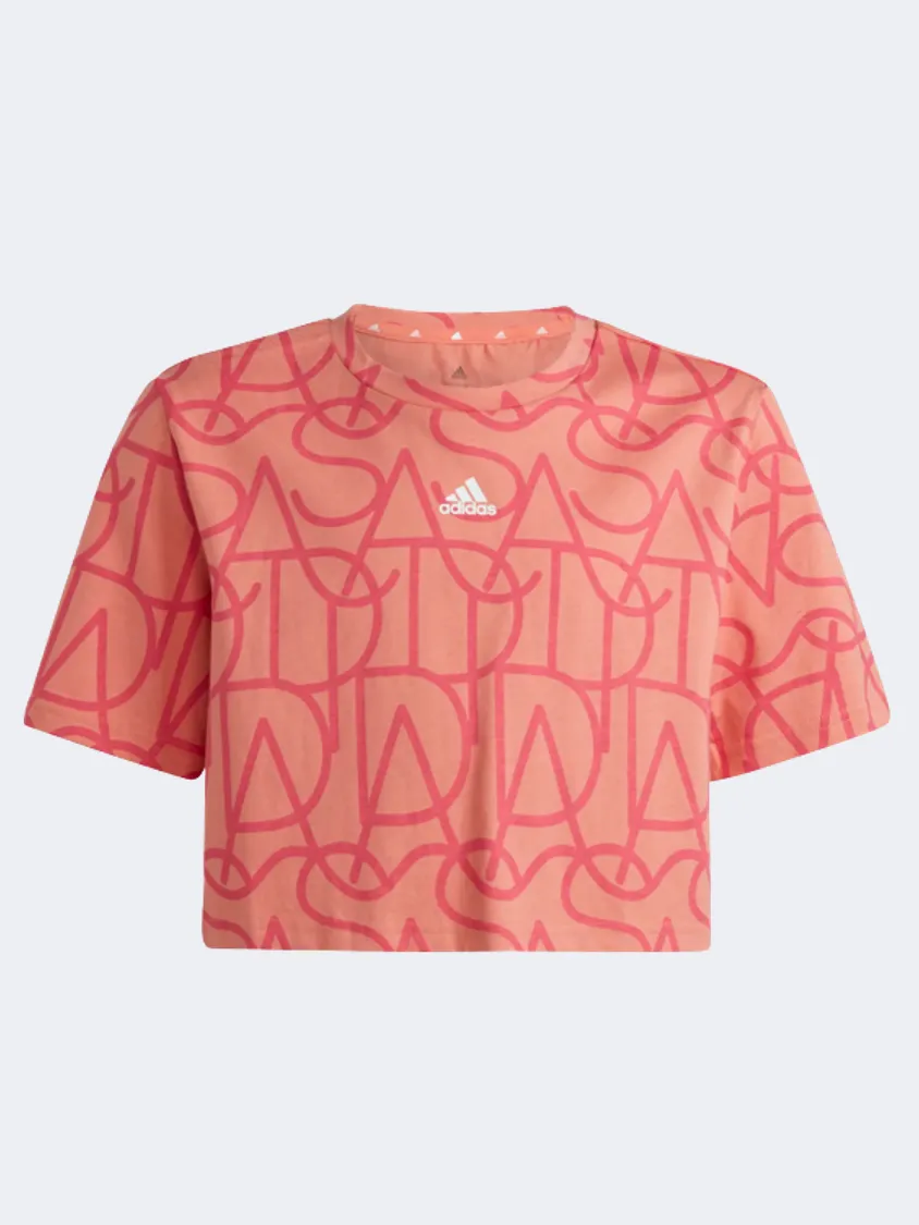 Adidas Brand Love Print Cotton Girls Sportswear T-Shirt Coral