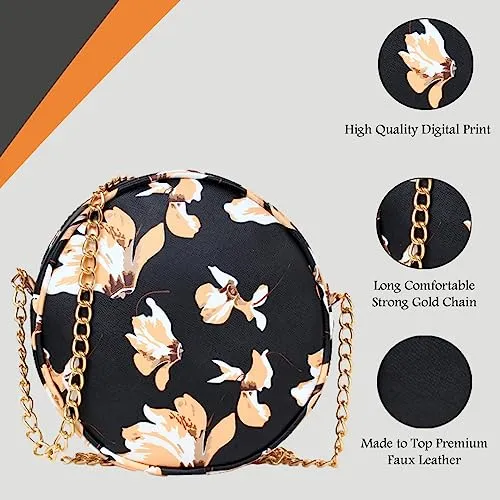 ADISA Women Girls Floral Print Round Sling Bag (Yellow)