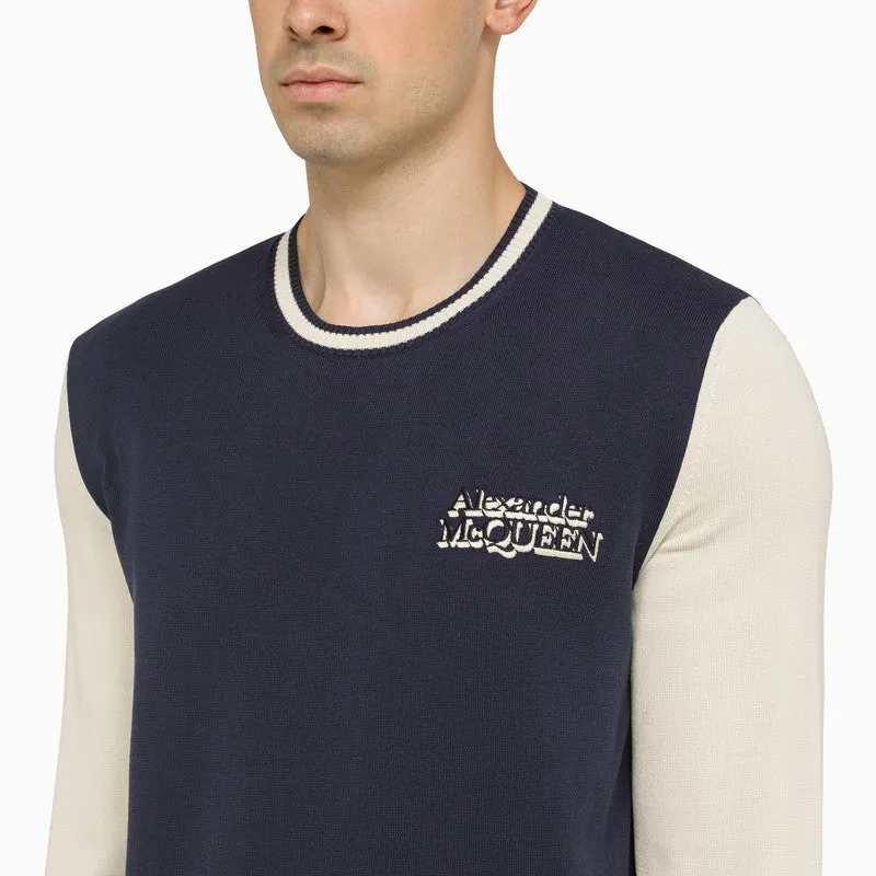 ALEXANDER MCQUEEN Navy Blue and Cream Cotton Crewneck Jumper for Men