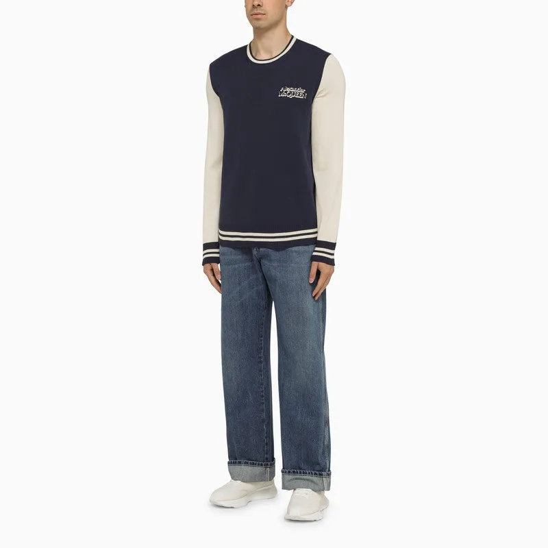 ALEXANDER MCQUEEN Navy Blue and Cream Cotton Crewneck Jumper for Men