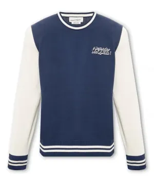 ALEXANDER MCQUEEN Navy Blue and Cream Cotton Crewneck Jumper for Men