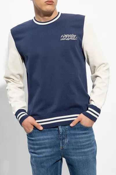 ALEXANDER MCQUEEN Navy Blue and Cream Cotton Crewneck Jumper for Men