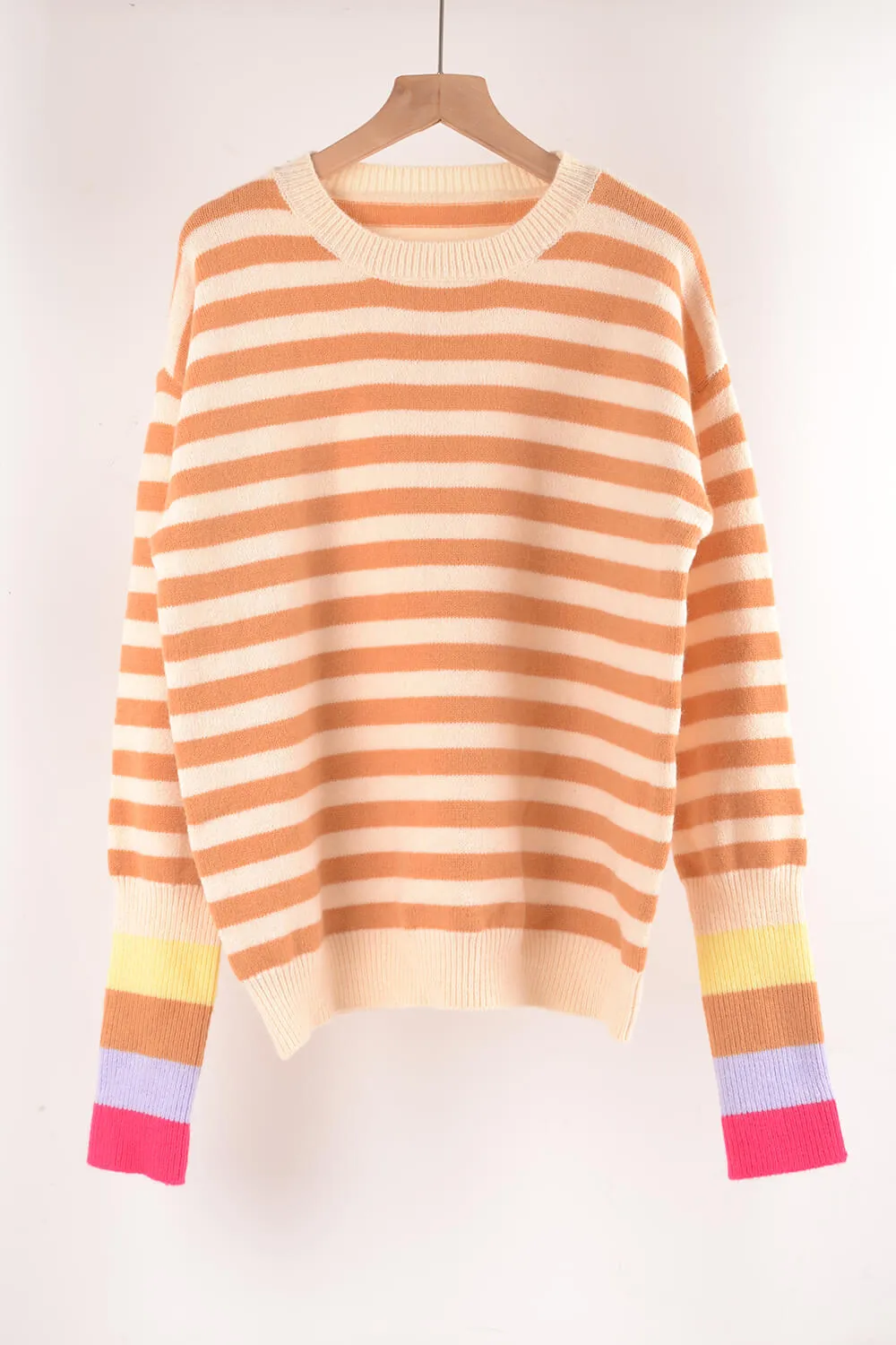 Angel Wings Warm Spice Striped Round Neck Sweater