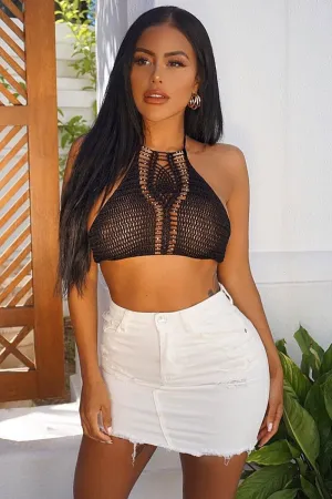 Black Silver Beaded Knitted Halterneck Crop Top - Christ