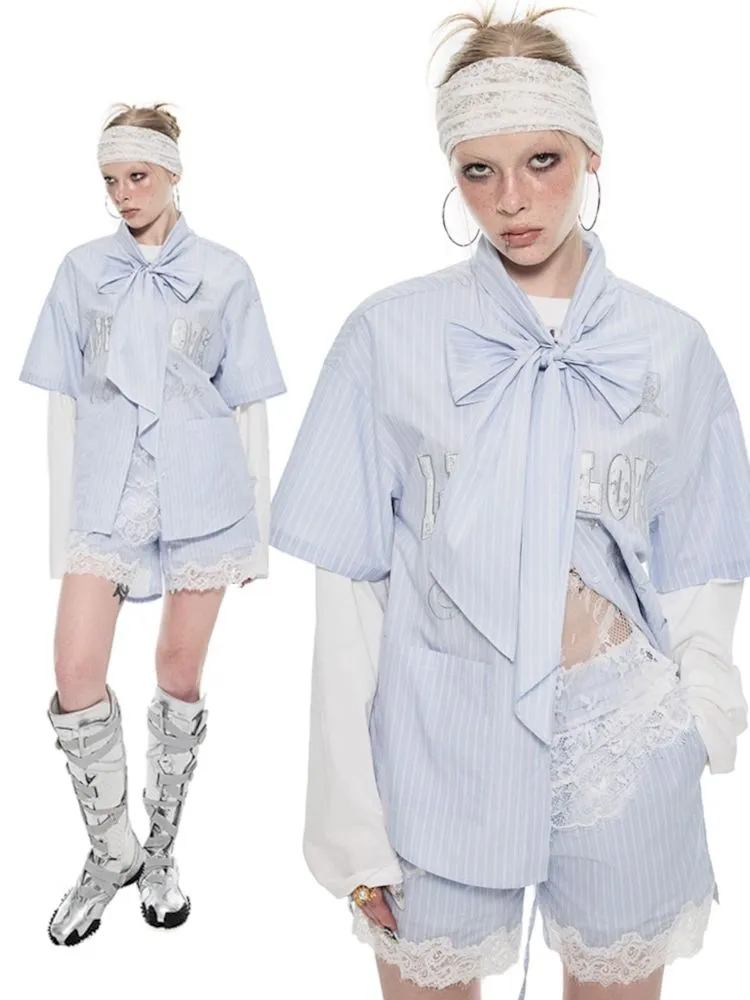 Bow Tie Ballgown Striped Short Sleeve Shirt【s0000009707】