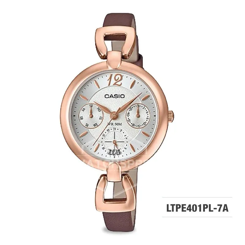 Casio Ladies' Standard Analog Brown Leather Strap Watch LTPE401PL-7A LTP-E401PL-7A