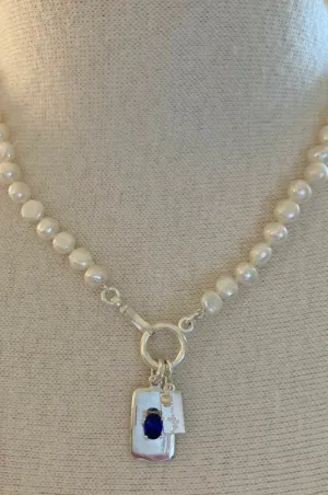 Charlotte Pearl Necklace | Sapphire Tag Charm & Lustrous Pearls | By Pearly Girls