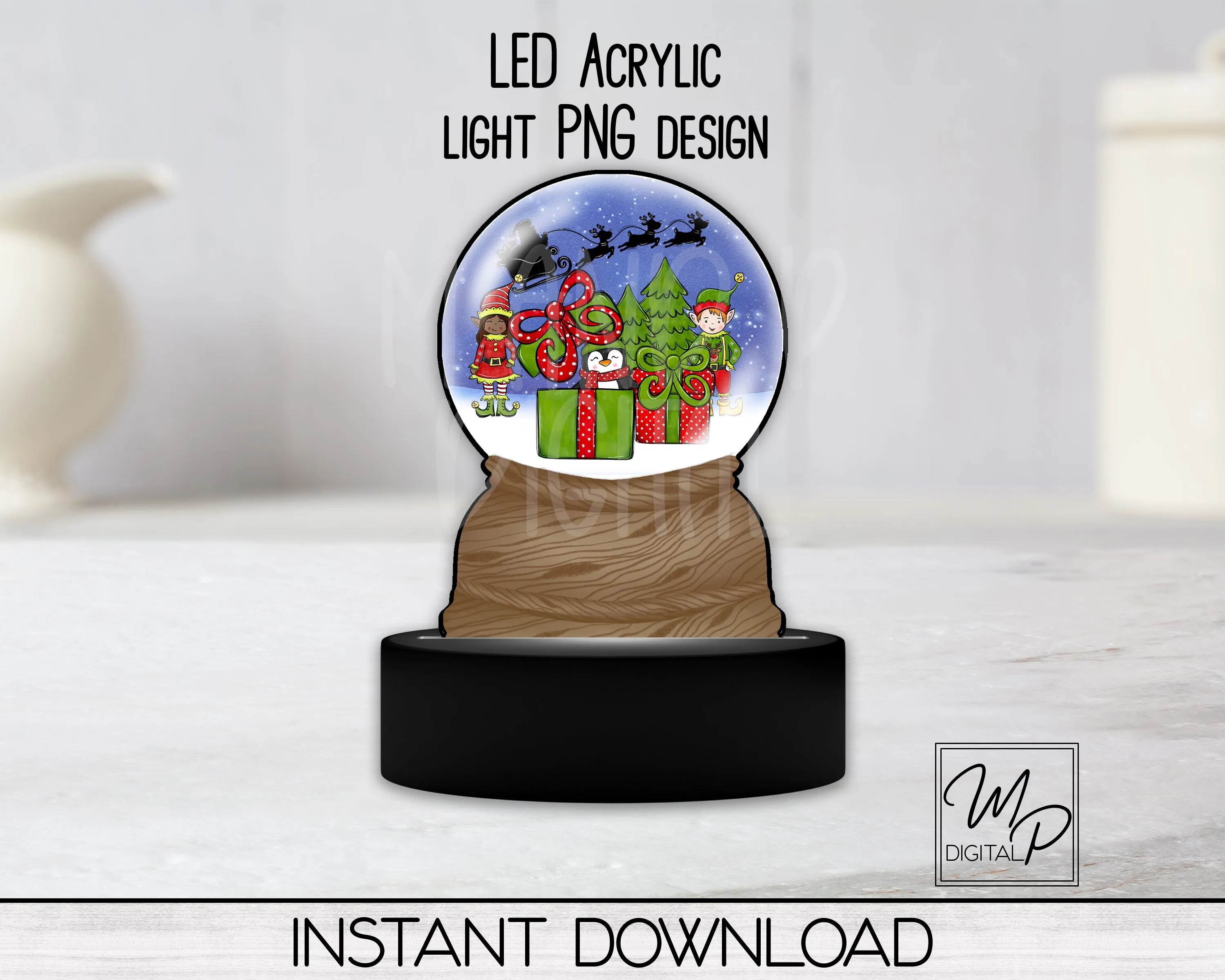 Christmas Elves Snow Globe LED Light Up Sign, Acrylic Night Light PNG Sublimation Design, Digital Download