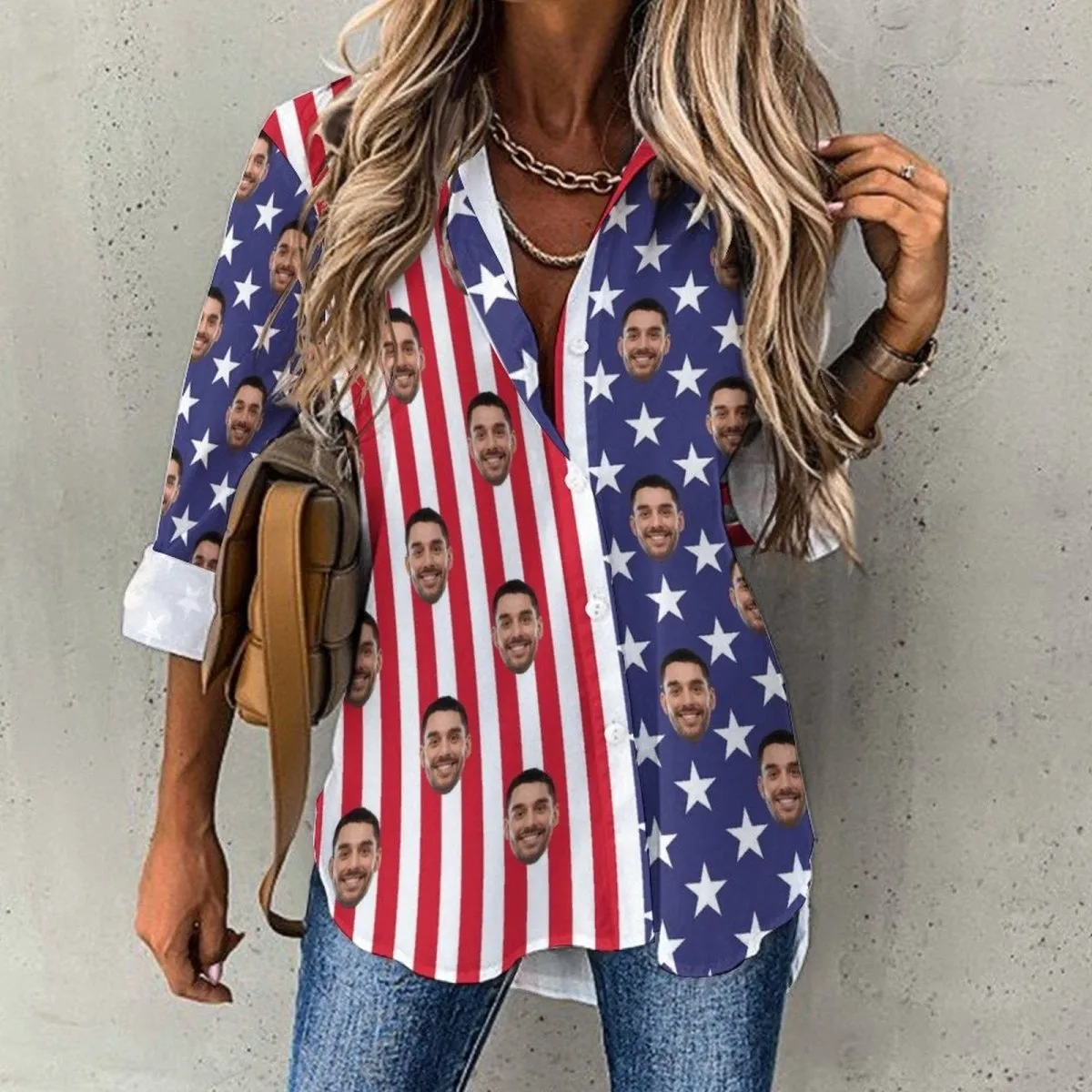 Custom Face Hawaiian Shirts US Flag Vertical Stripes Women's Casual Long Sleeve Cropped Hem Shirt