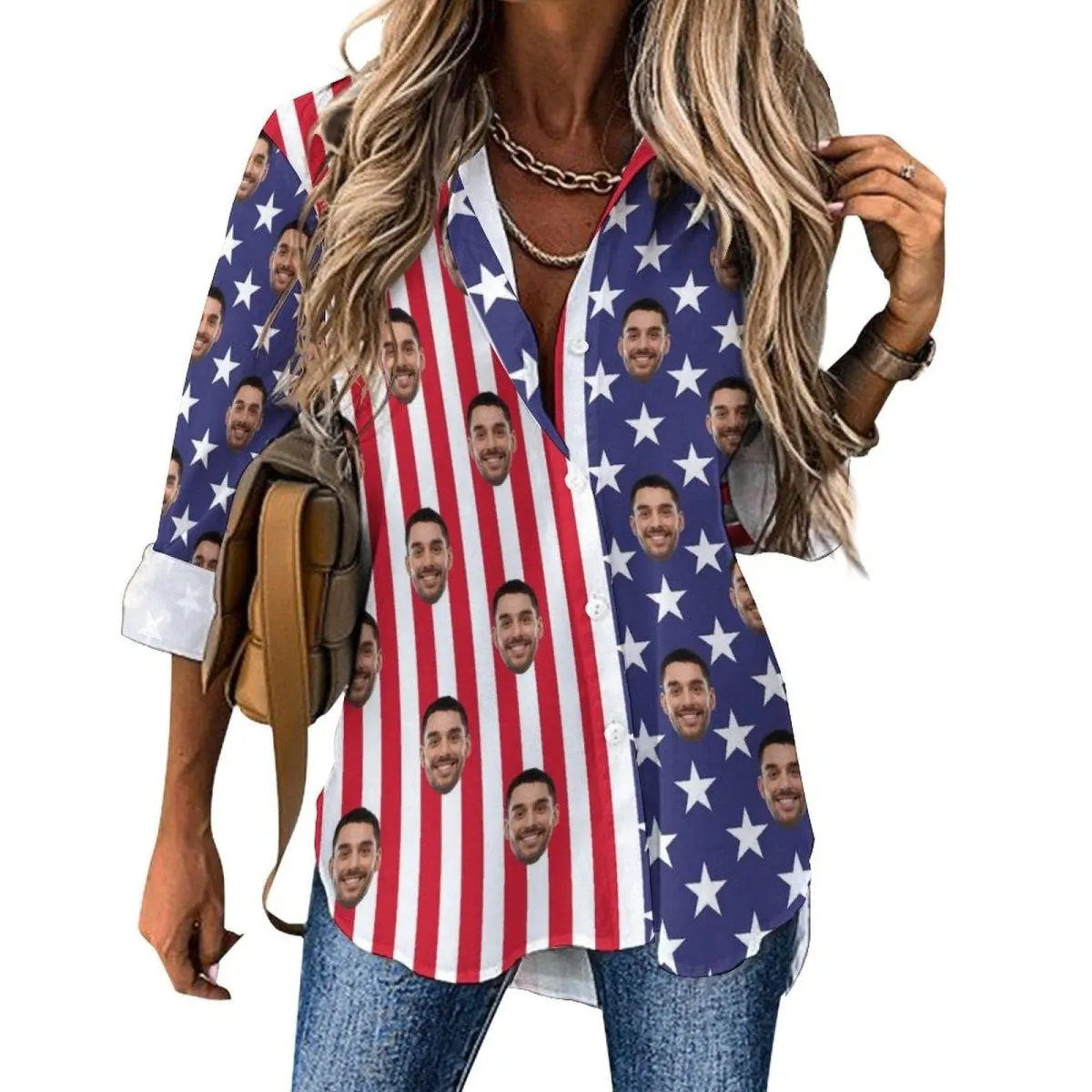 Custom Face Hawaiian Shirts US Flag Vertical Stripes Women's Casual Long Sleeve Cropped Hem Shirt