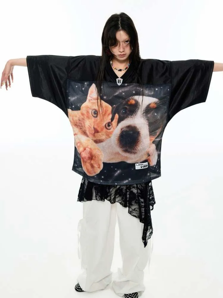 Dog & Cat Print Oversized V-Neck T-Shirt【s0000009166】