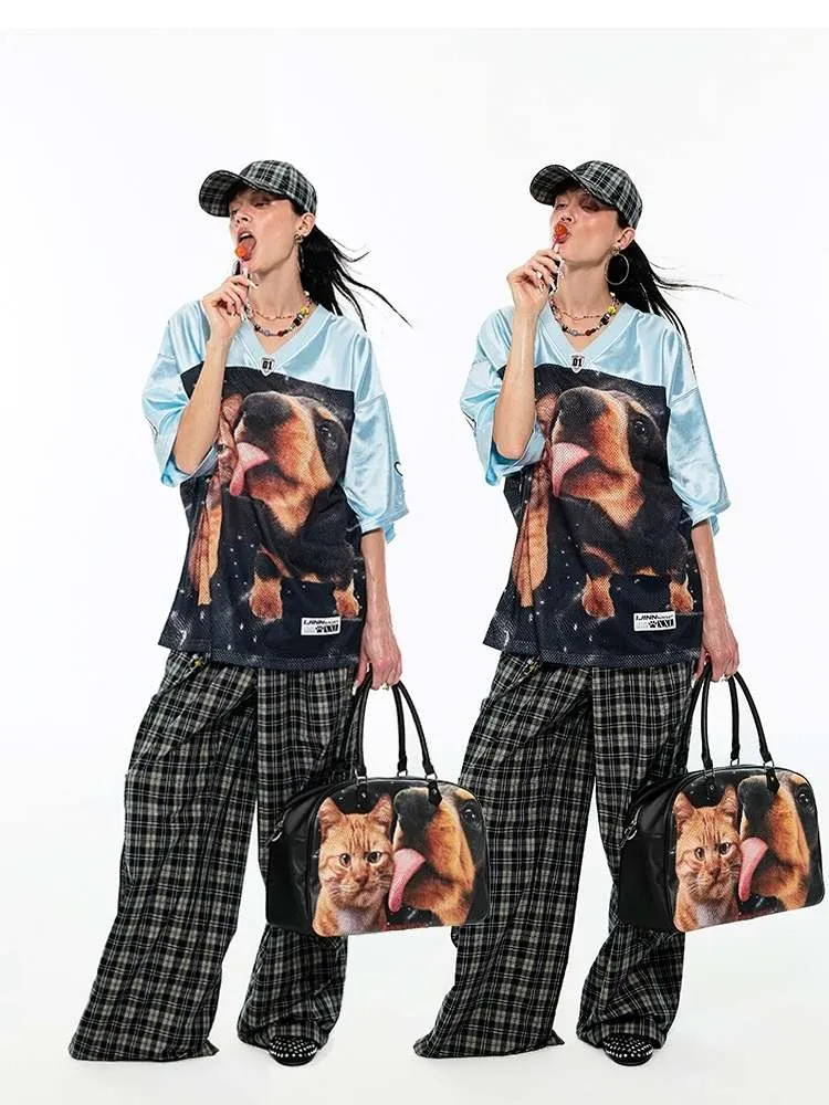 Dog & Cat Print Oversized V-Neck T-Shirt【s0000009166】