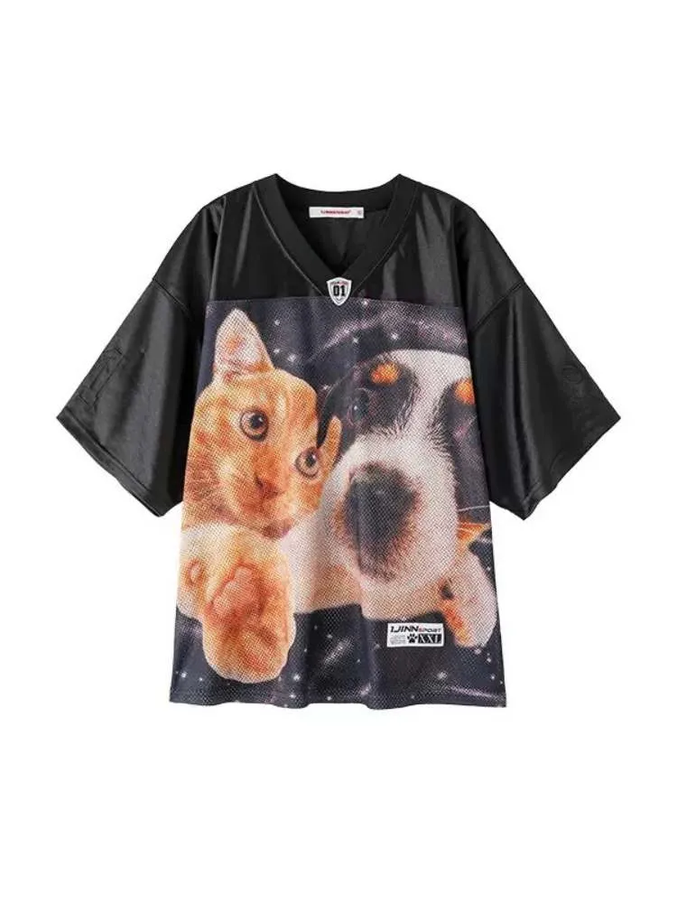 Dog & Cat Print Oversized V-Neck T-Shirt【s0000009166】