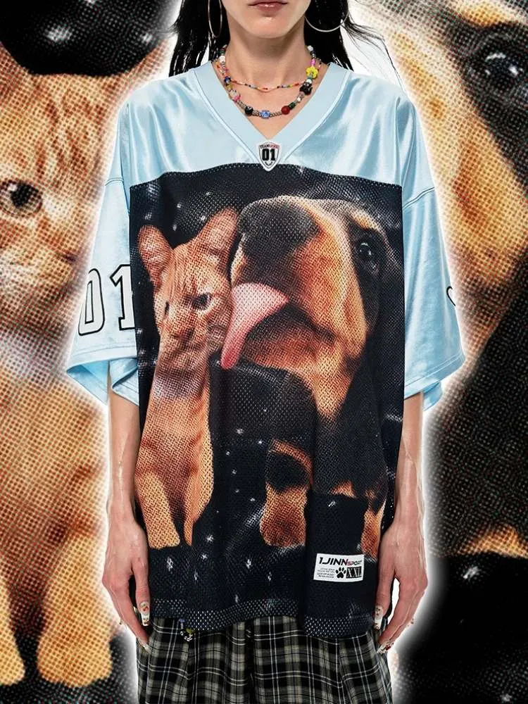 Dog & Cat Print Oversized V-Neck T-Shirt【s0000009166】