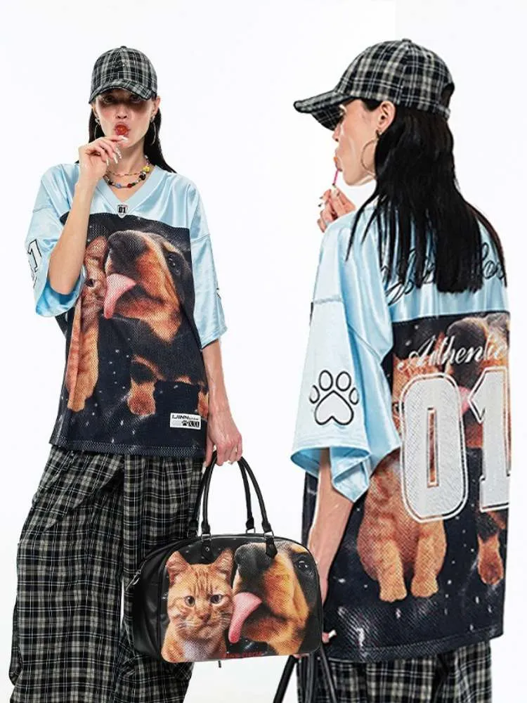 Dog & Cat Print Oversized V-Neck T-Shirt【s0000009166】