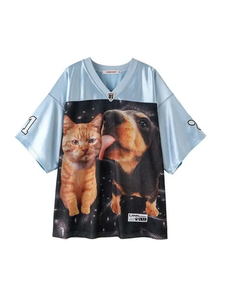 Dog & Cat Print Oversized V-Neck T-Shirt【s0000009166】