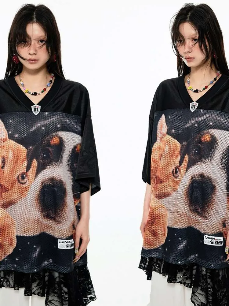 Dog & Cat Print Oversized V-Neck T-Shirt【s0000009166】