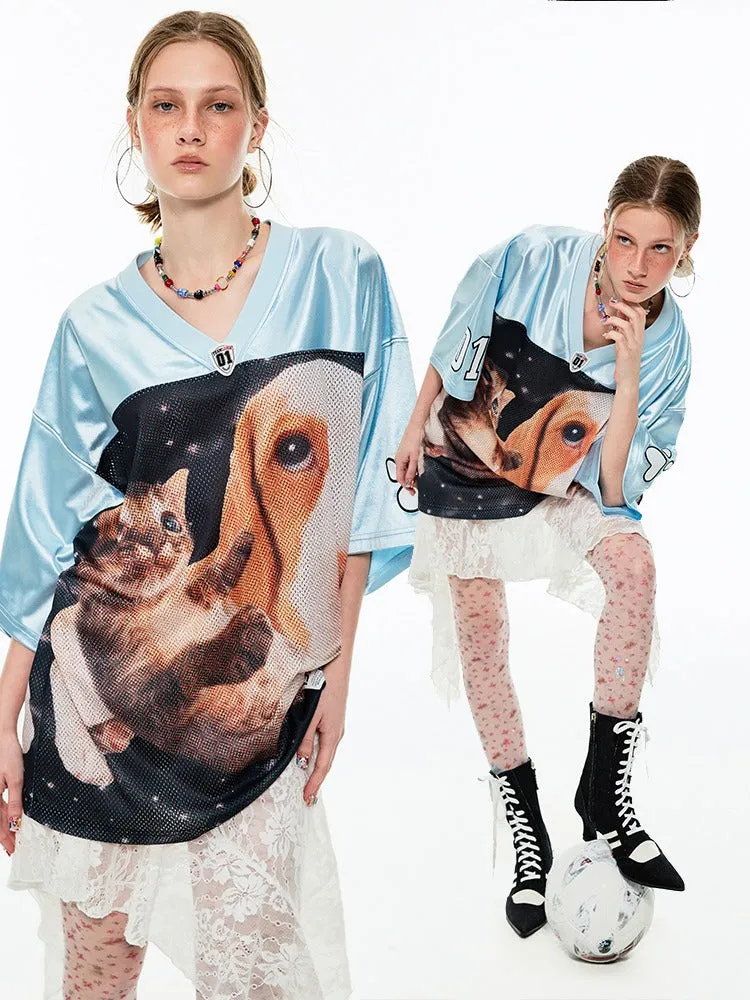 Dog & Cat Print Oversized V-Neck T-Shirt【s0000009166】