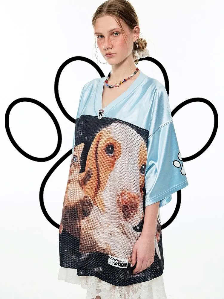 Dog & Cat Print Oversized V-Neck T-Shirt【s0000009166】