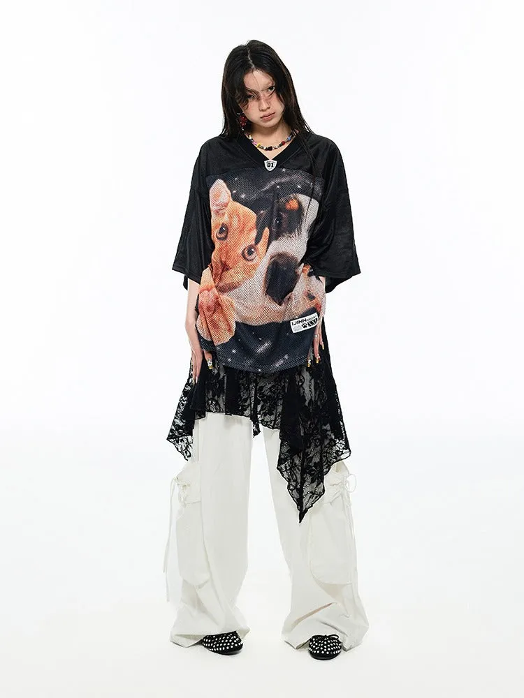 Dog & Cat Print Oversized V-Neck T-Shirt【s0000009166】