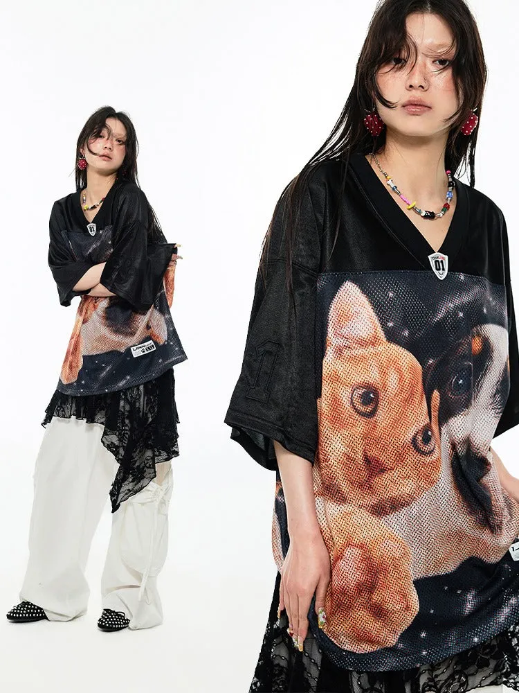 Dog & Cat Print Oversized V-Neck T-Shirt【s0000009166】