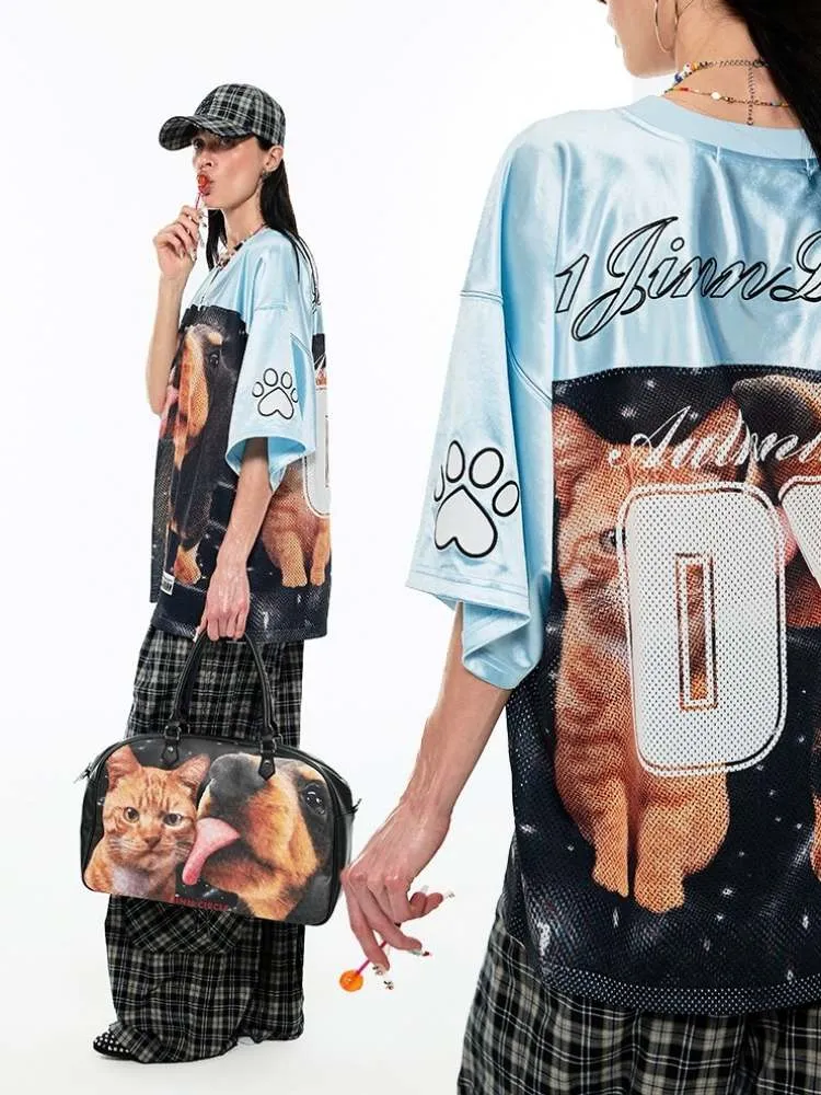 Dog & Cat Print Oversized V-Neck T-Shirt【s0000009166】