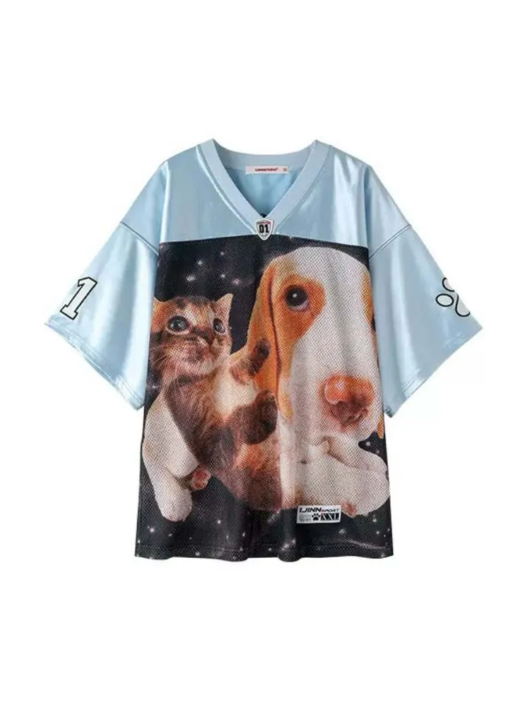 Dog & Cat Print Oversized V-Neck T-Shirt【s0000009166】