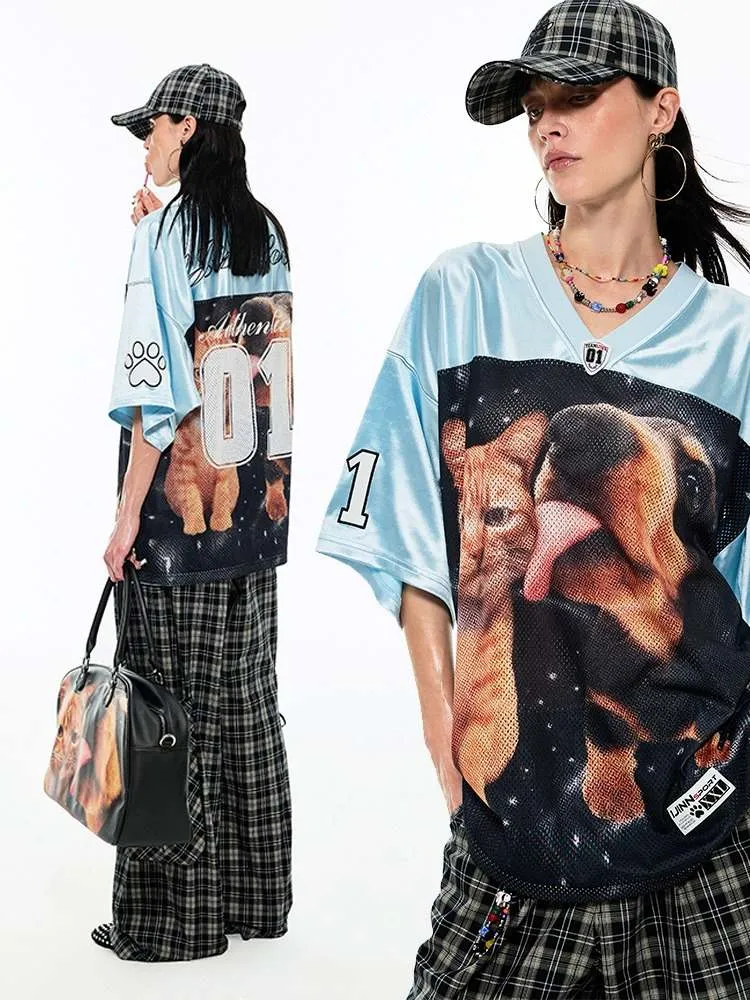 Dog & Cat Print Oversized V-Neck T-Shirt【s0000009166】