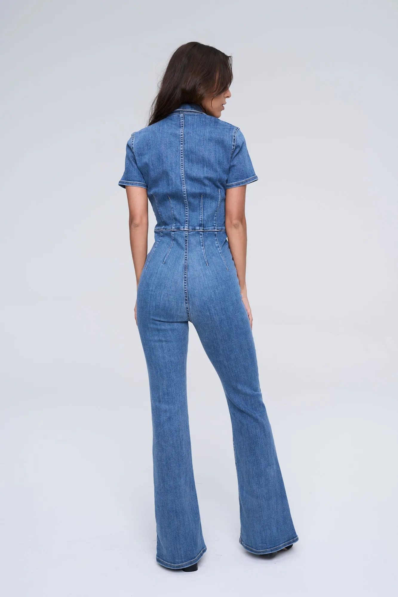 FLARE ULTRA STRETCH DENIM ZIP JUMPSUIT IN MEDIUM WASH   /  SP-J4274M