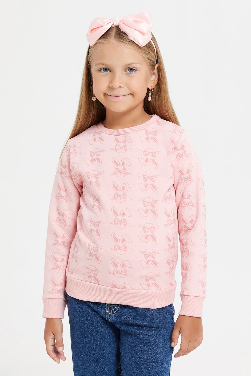 Girls Ivory And Pink Printed Sweatshirt Set (2 Piece)