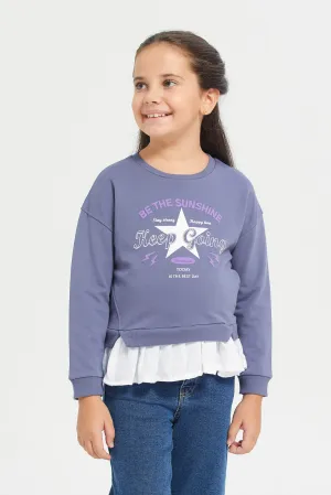 Girls Navy Printed Sweatshirt With Woven Ruffles At Bottom