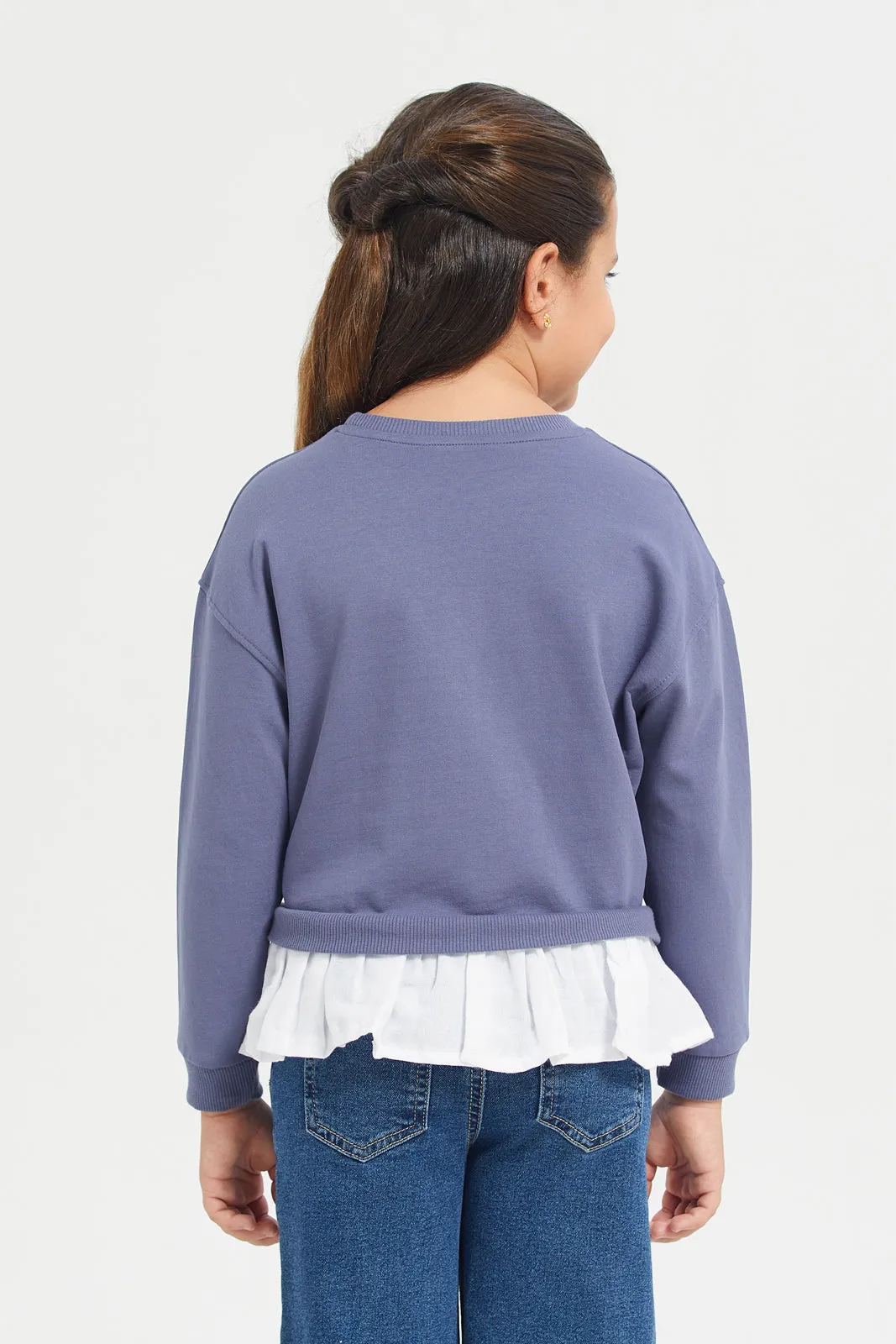 Girls Navy Printed Sweatshirt With Woven Ruffles At Bottom