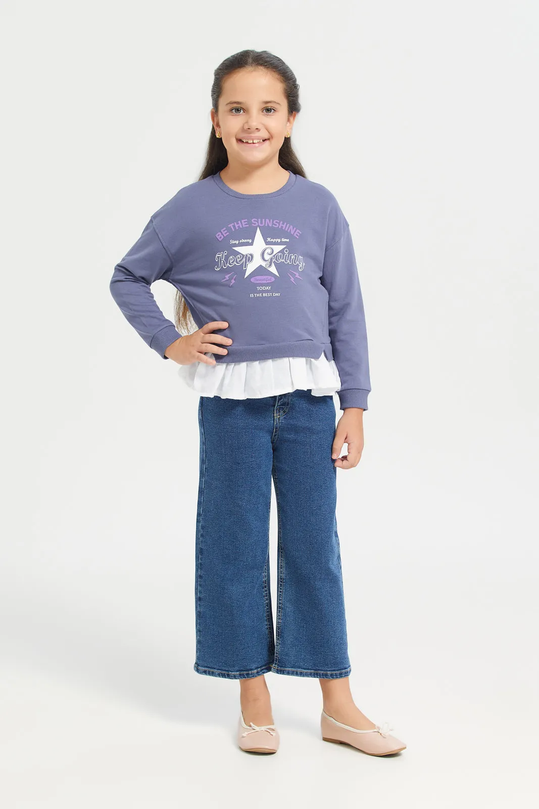 Girls Navy Printed Sweatshirt With Woven Ruffles At Bottom