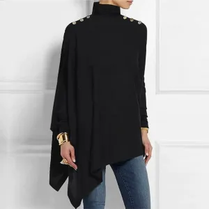 iForgirls Black Button Shoulder Asymmetrical Tunic Top