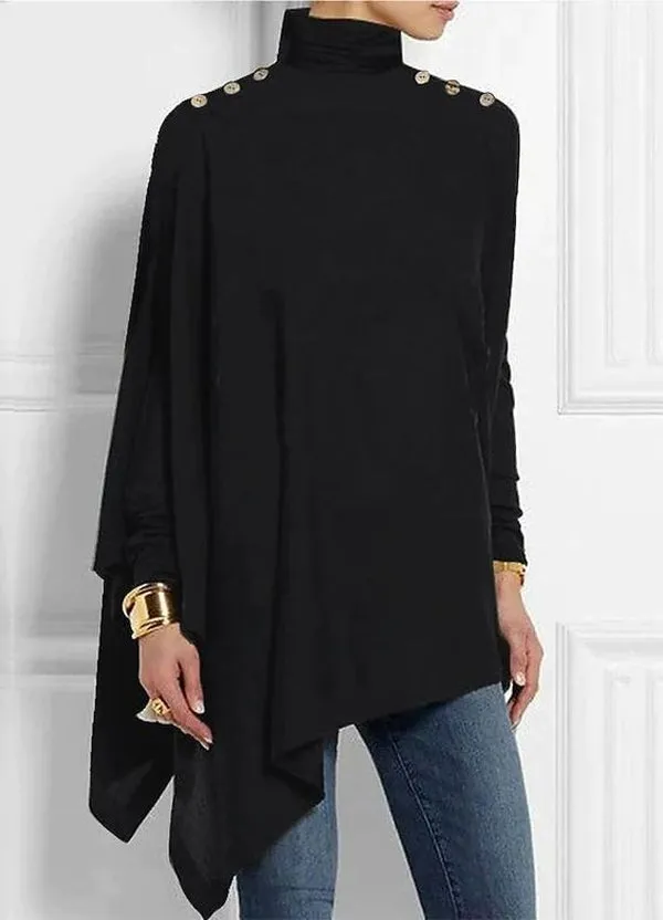 iForgirls Black Button Shoulder Asymmetrical Tunic Top