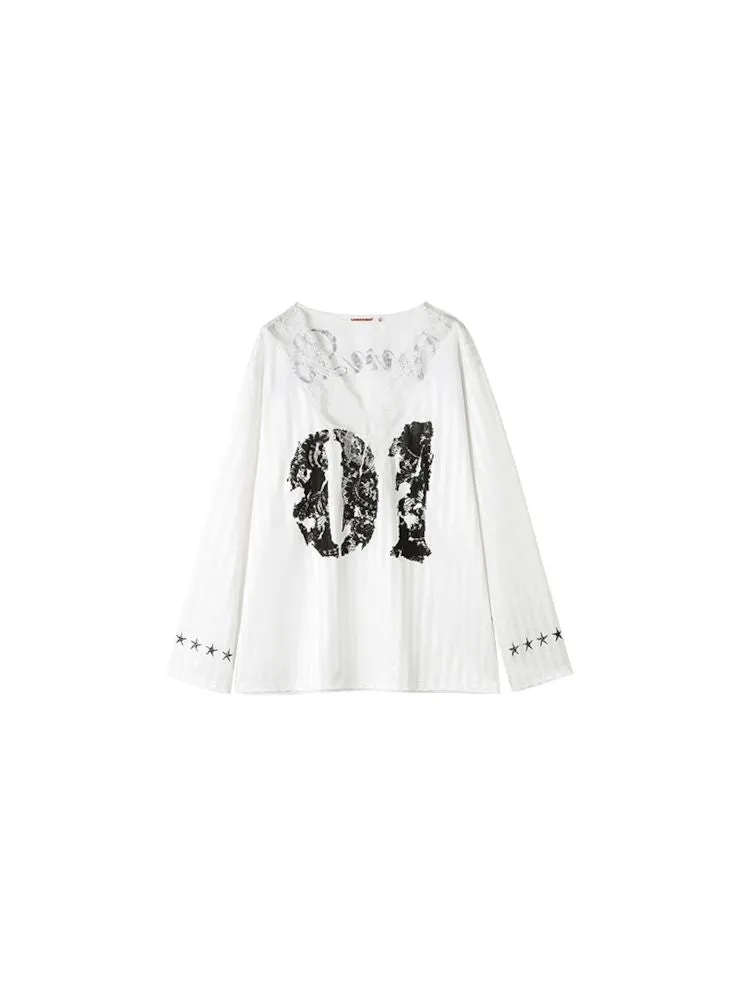 Lace v-neck Printed Design Top【s0000009853】