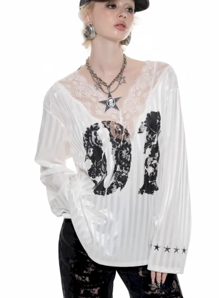 Lace v-neck Printed Design Top【s0000009853】