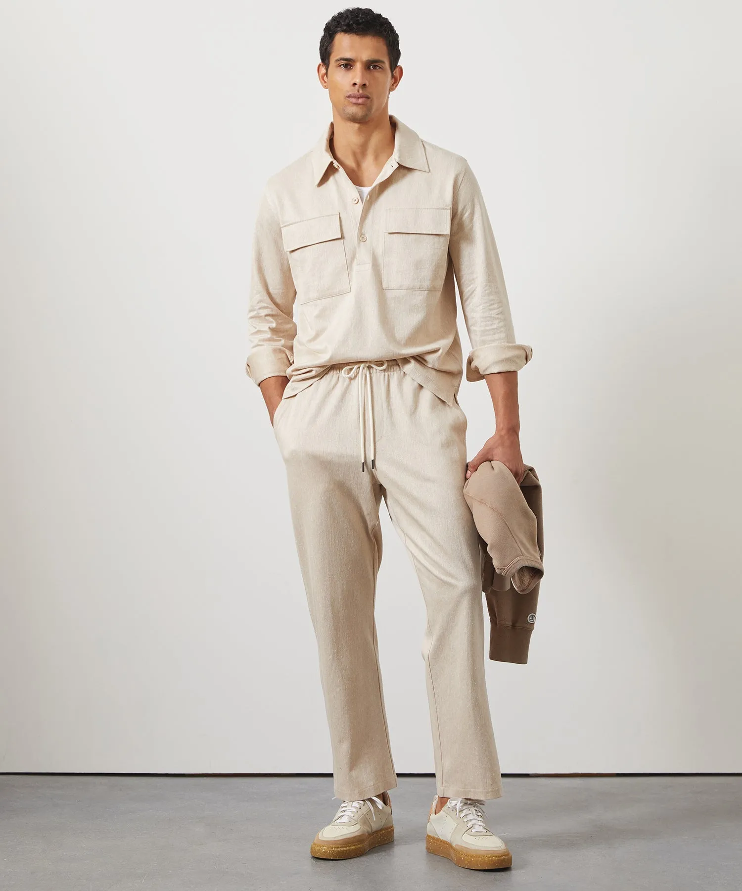 Linen Cotton Herringbone Shirt in Desert Beige