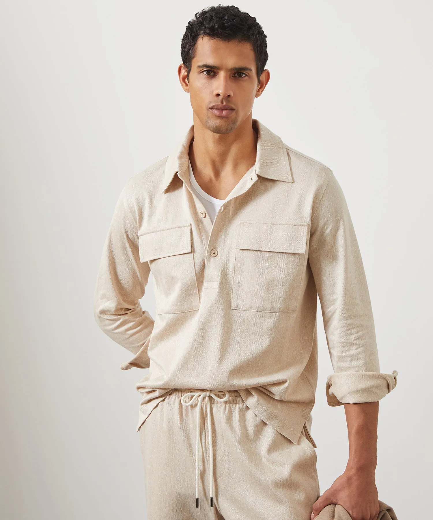 Linen Cotton Herringbone Shirt in Desert Beige