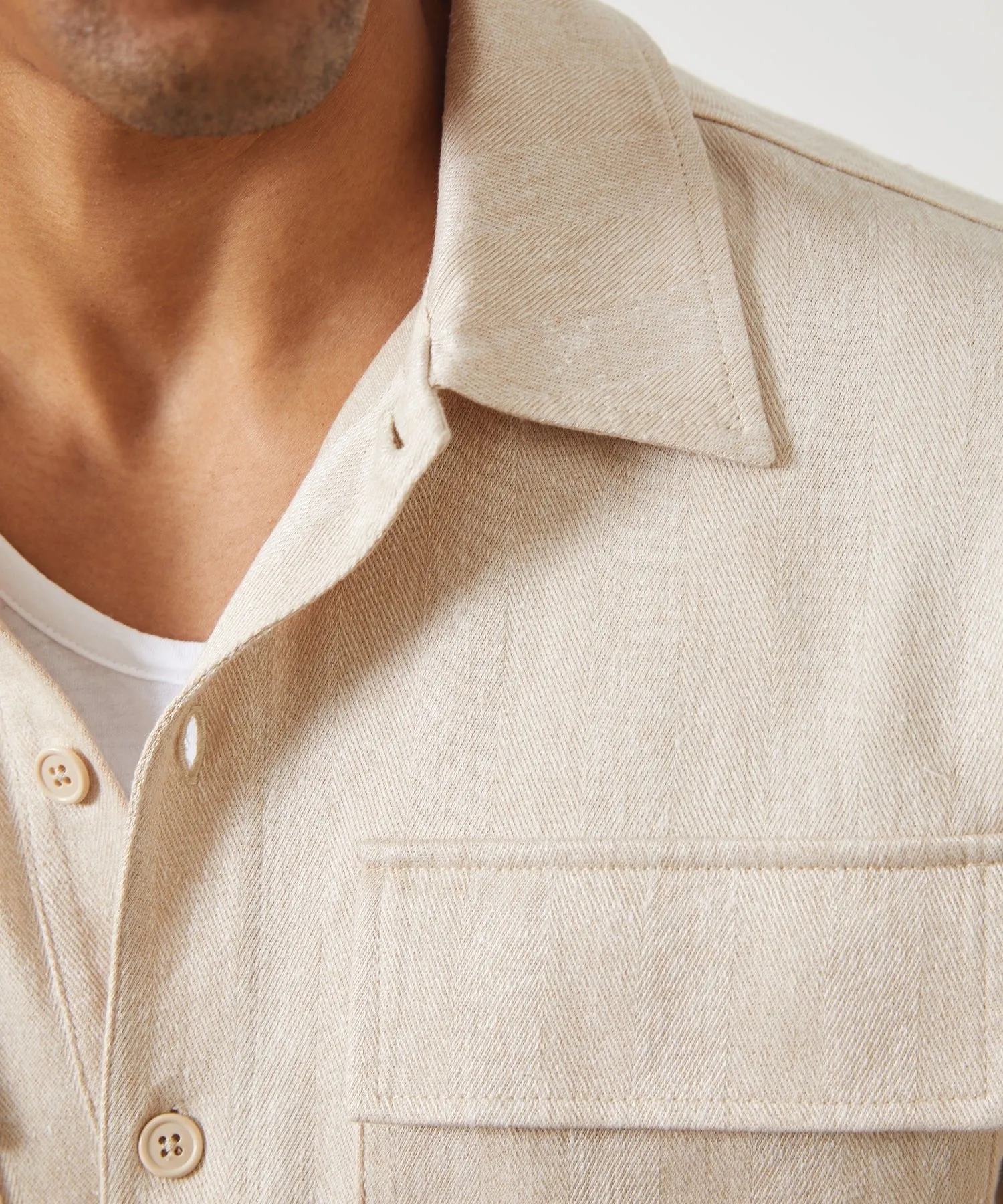 Linen Cotton Herringbone Shirt in Desert Beige