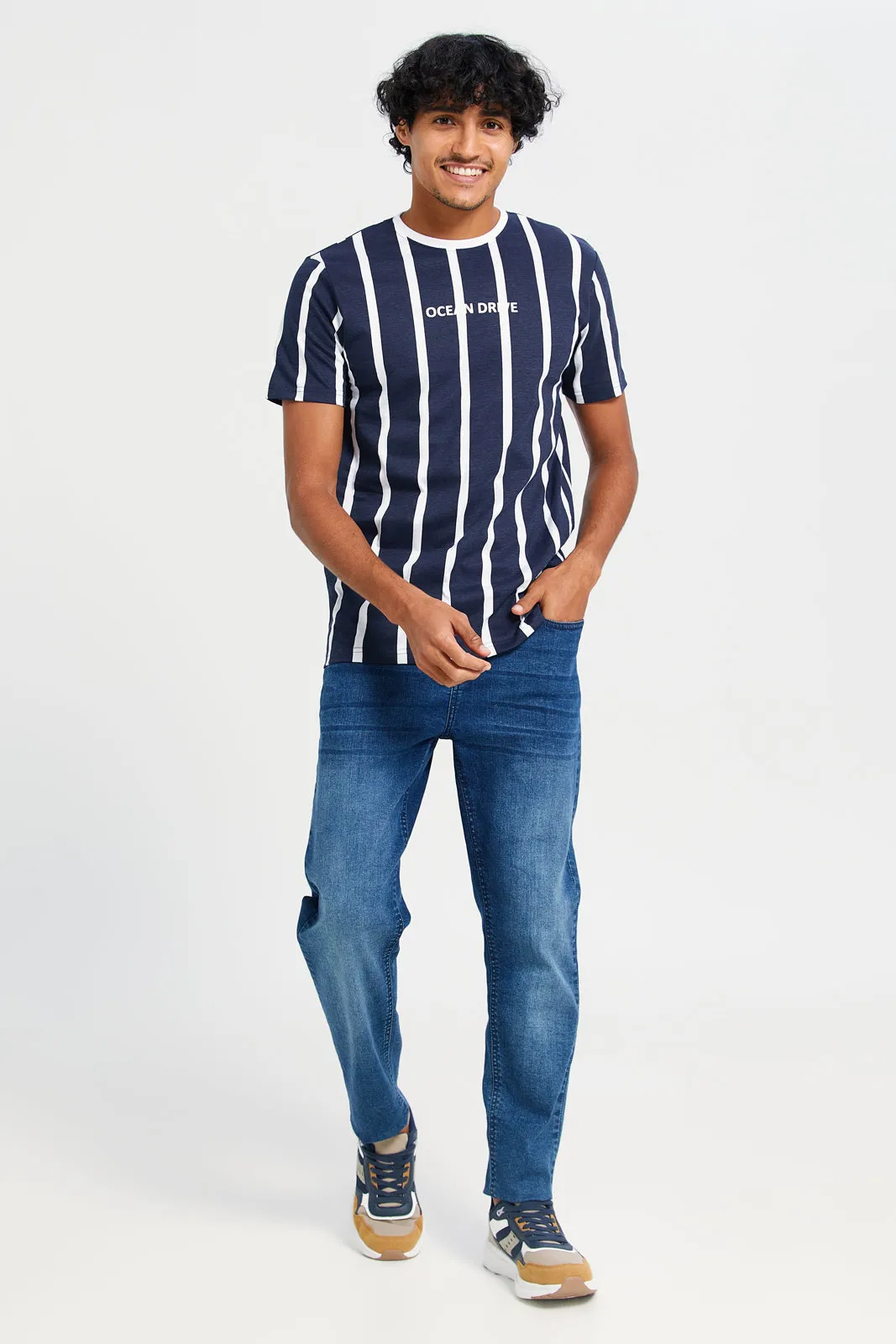 Men Navy Striped T-Shirt