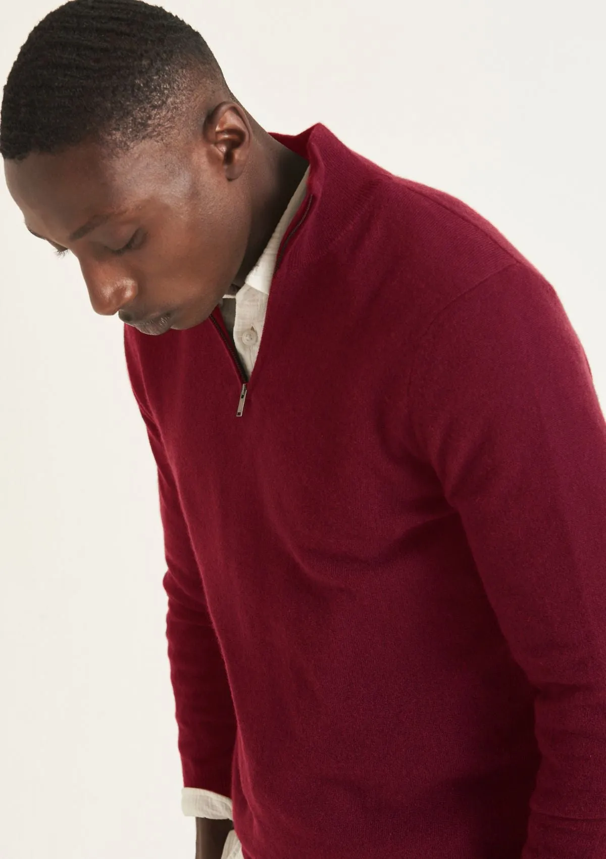 Mens Cashmere Half Zip Sweater in Plum Red