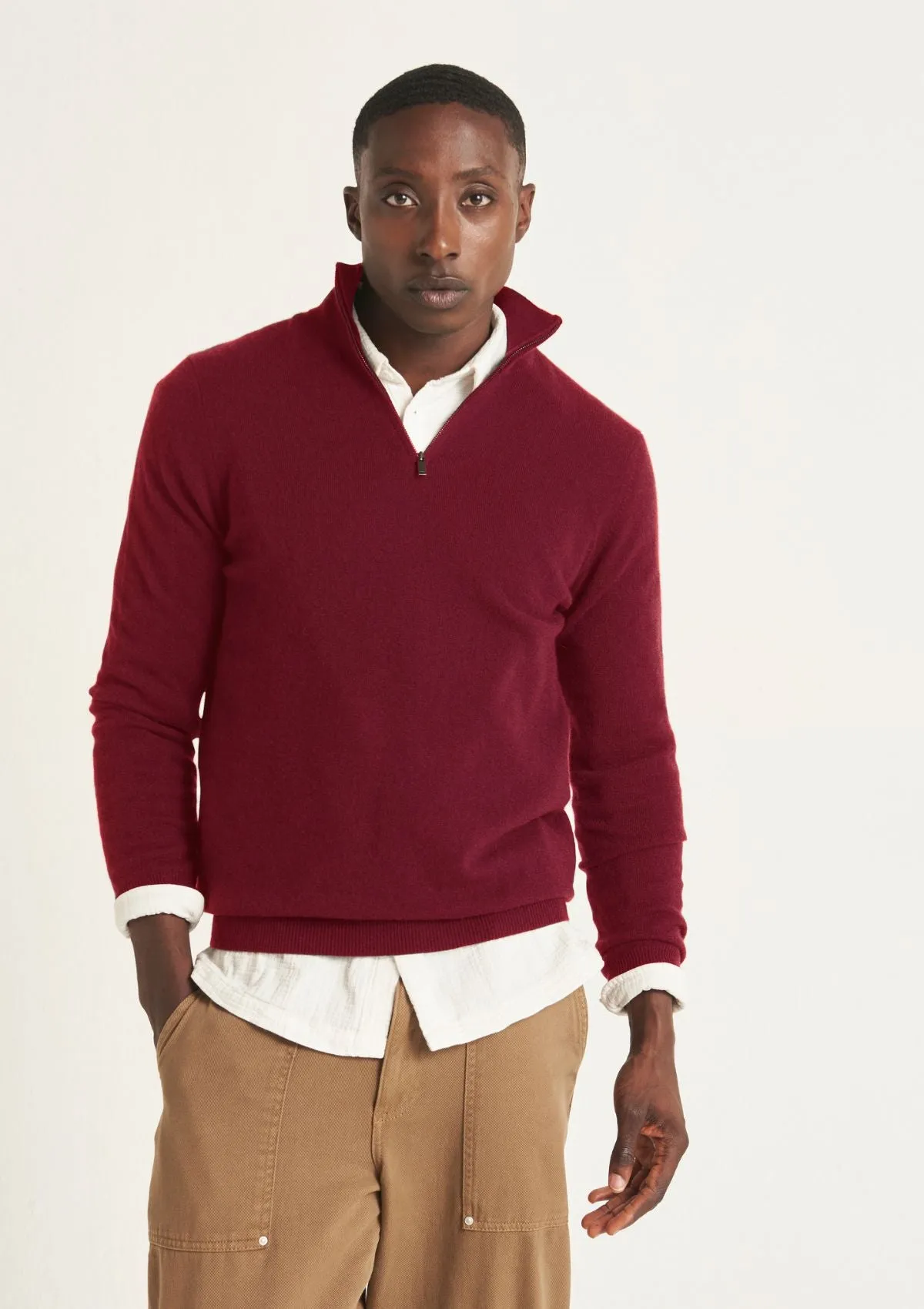 Mens Cashmere Half Zip Sweater in Plum Red