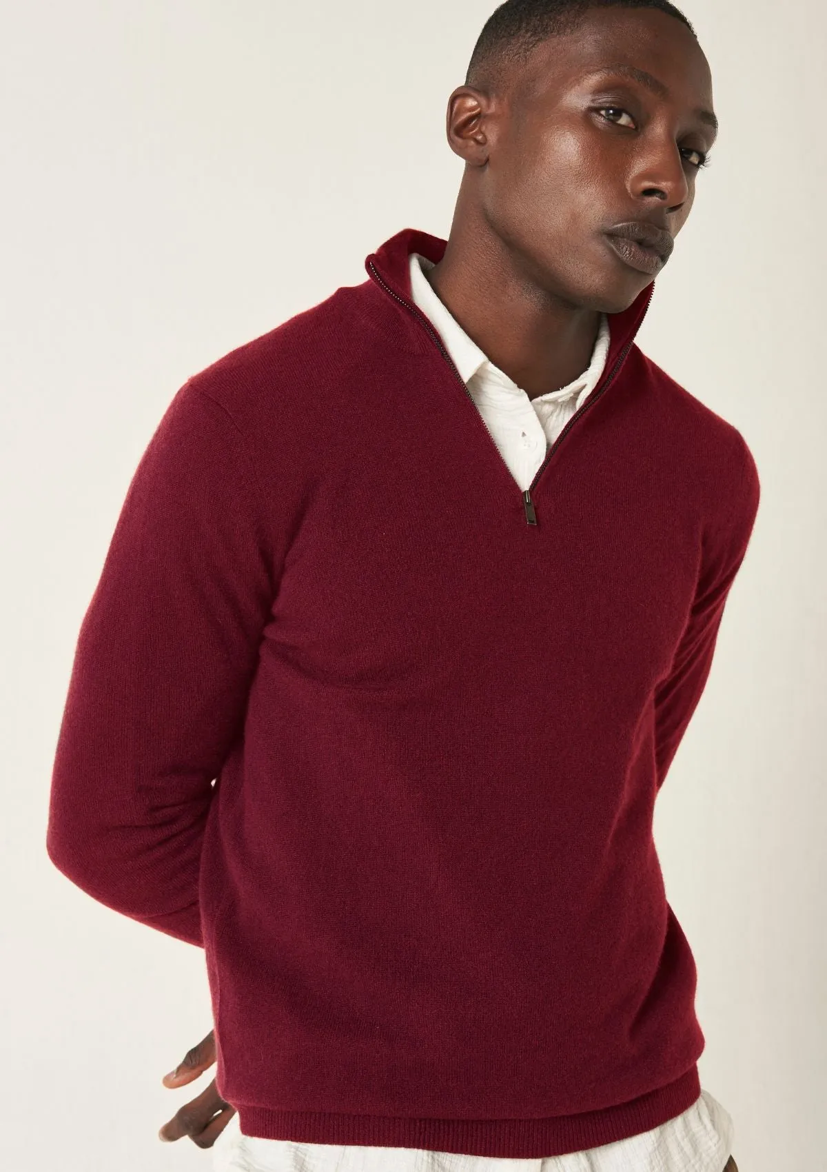 Mens Cashmere Half Zip Sweater in Plum Red