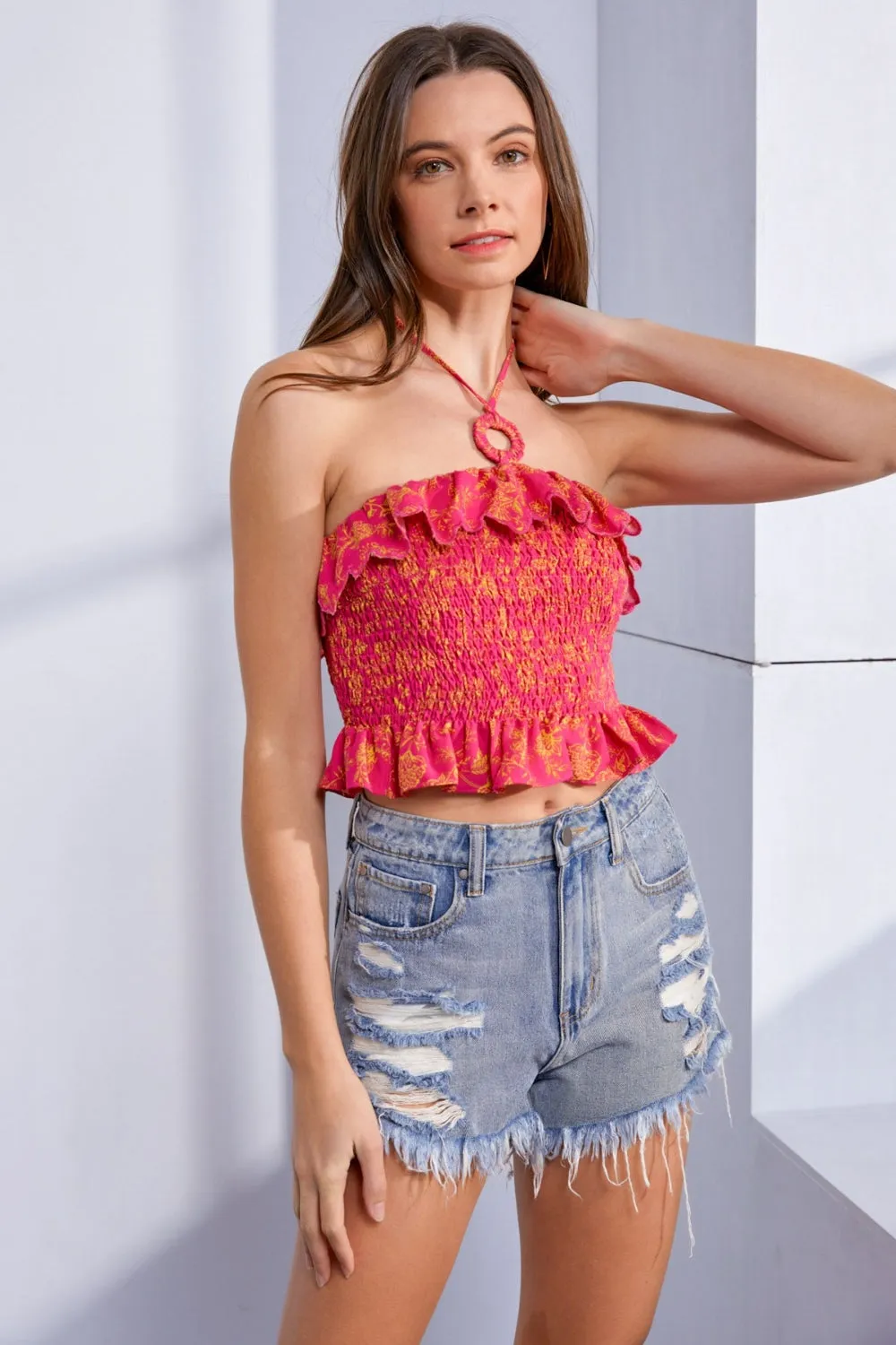 Mustard Seed Ruffled Smocked Backless Sleeveless Top